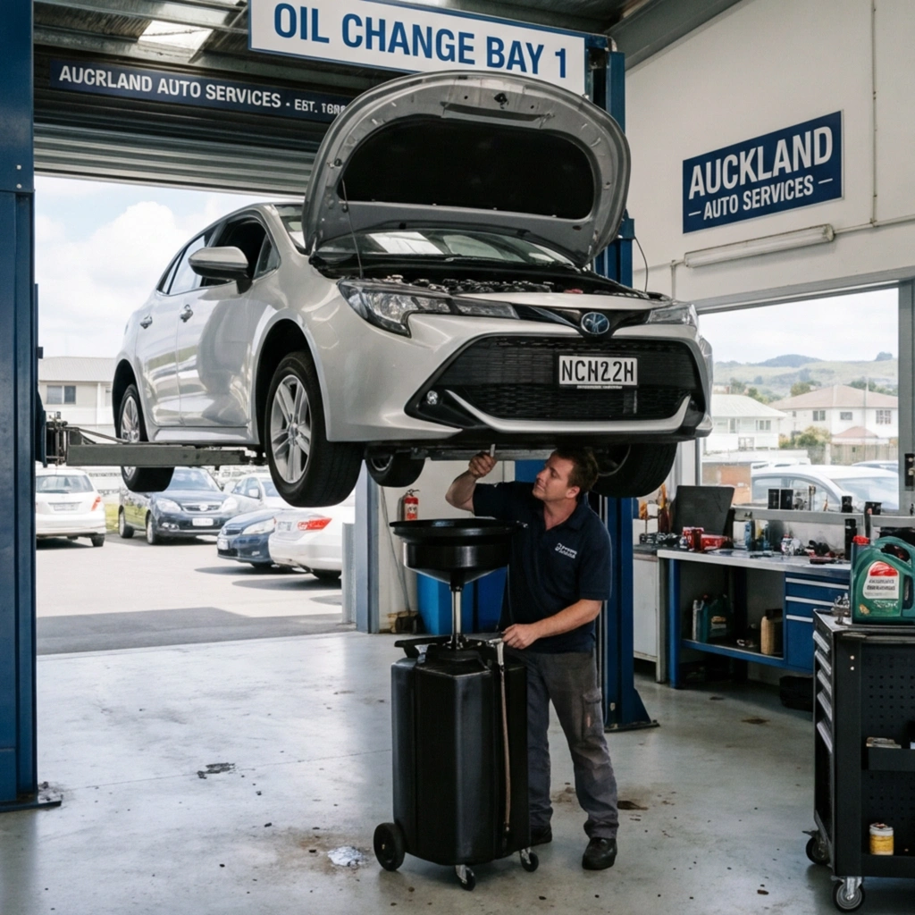 Car receiving an oil and filter change at a professional Auckland workshop
