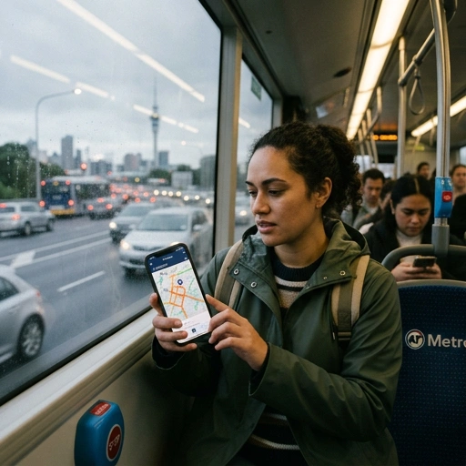 Auckland commuter checking traffic app on smartphone inside car