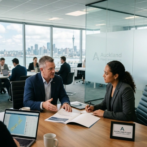 Business owner consulting with insurance broker in Auckland office about fleet insurance