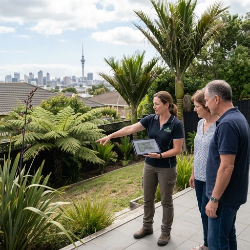 Landscape architect consulting with client on garden design plan in Auckland