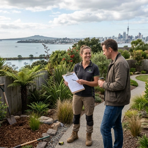 Client and landscaper reviewing checklist and garden plans in Auckland