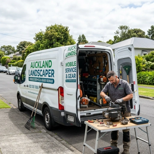 Technician repairing landscaping equipment on-site in Auckland