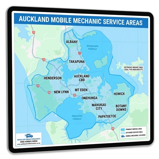 Mobile mechanic van parked outside a tradie's workshop in West Auckland