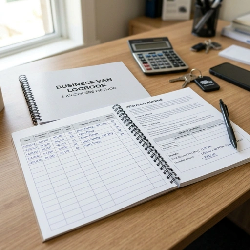 Close-up of a logbook and calculator on a desk with a business work van parked outside through window