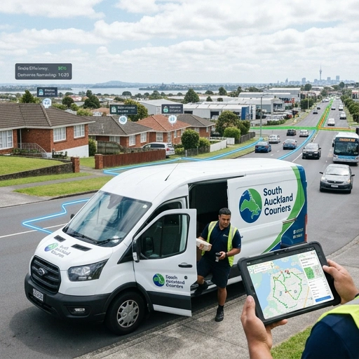 Courier vehicle parked in South Auckland suburb during delivery with driver using mobile device