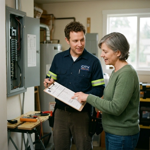 Electrician discussing a quote with a homeowner in a residential setting