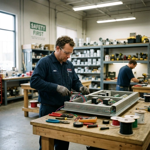 Electrician preparing tools and equipment in a workshop