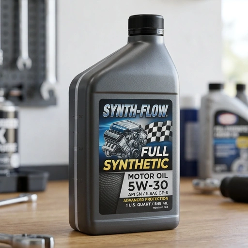 Close-up of a full synthetic engine oil bottle with label visible
