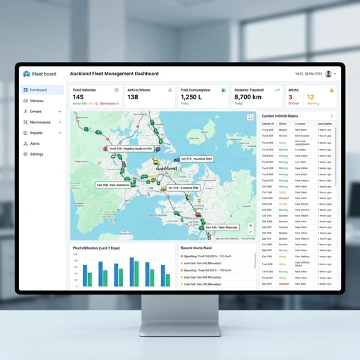 Fleet management telematics dashboard showing vehicle data from Auckland fleet