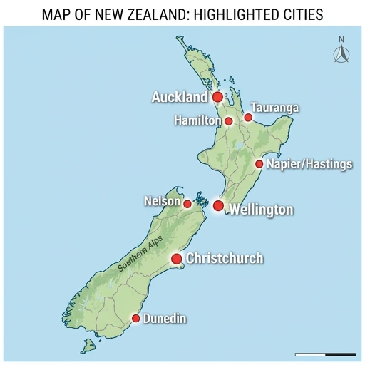 Map of New Zealand highlighting Auckland, Wellington, Christchurch, Hamilton, Tauranga, and Dunedin