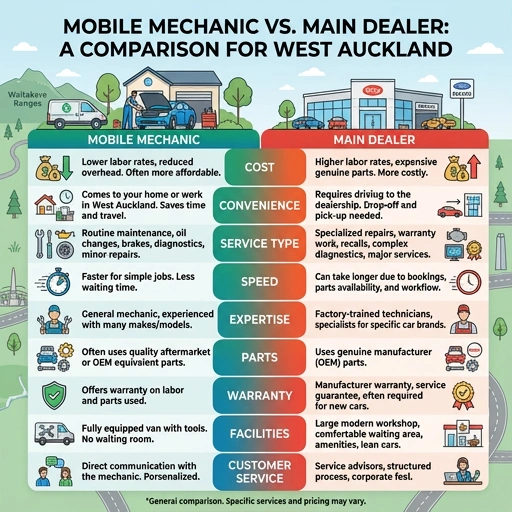 Chart comparing mobile mechanic and main dealer services for West Auckland tradies