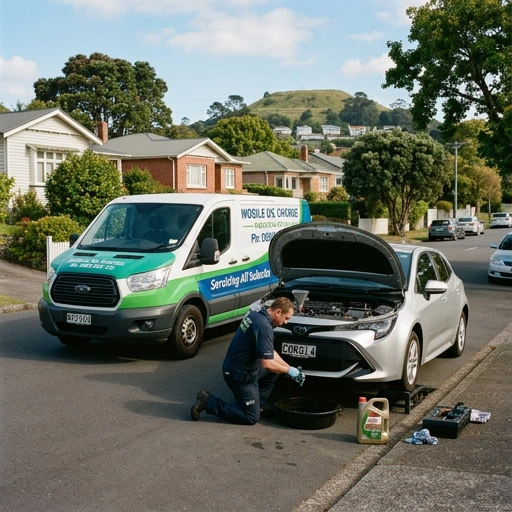 Mobile oil change technician servicing a car in a residential Auckland suburb