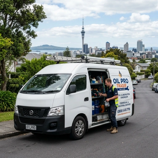 Oil Pro branding with Auckland traffic background and contact number