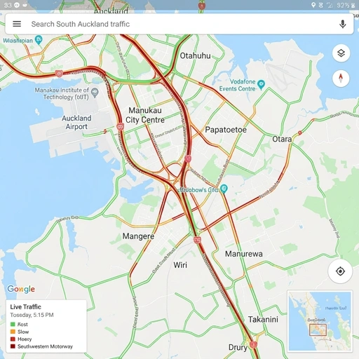 Map showing traffic congestion hotspots in South Auckland around Māngere and Manukau Harbour