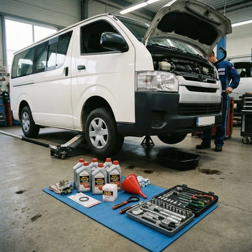 Tools and oil change kit laid out for Toyota Hiace maintenance