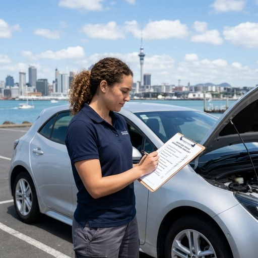 Mechanic performing a vehicle maintenance checklist in Auckland workshop