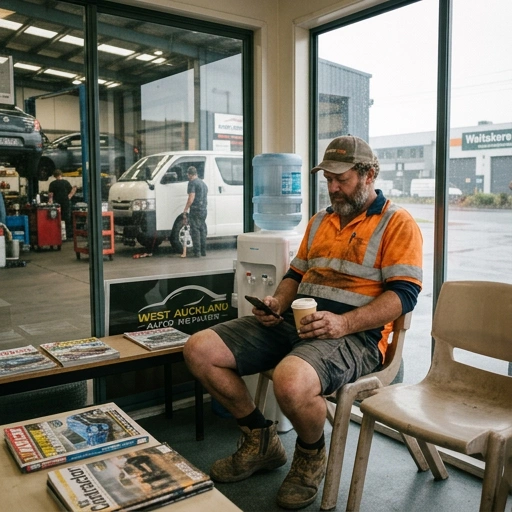 Frustrated tradie waiting at a main dealer service centre in West Auckland
