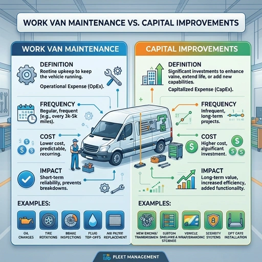 Mechanic performing oil change on a work van with tools and parts in a clean workshop