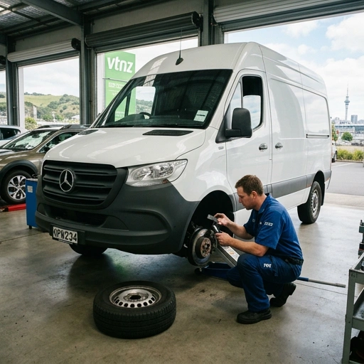 Technician checking brakes on a Mercedes Sprinter in Auckland