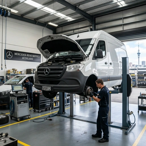 Mercedes Sprinter in a service bay at an Auckland workshop