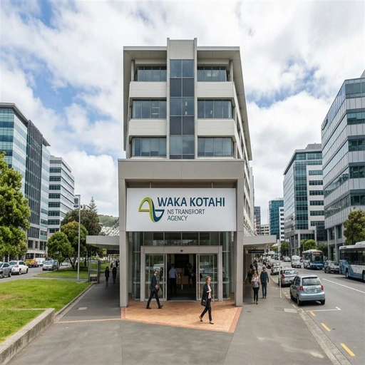 Waka Kotahi building with New Zealand flags and signage