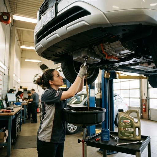 Mechanic performing an engine oil change on Mitsubishi Outlander PHEV
