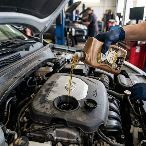 Full synthetic engine oil pouring into Kia Sportage engine with clear branding