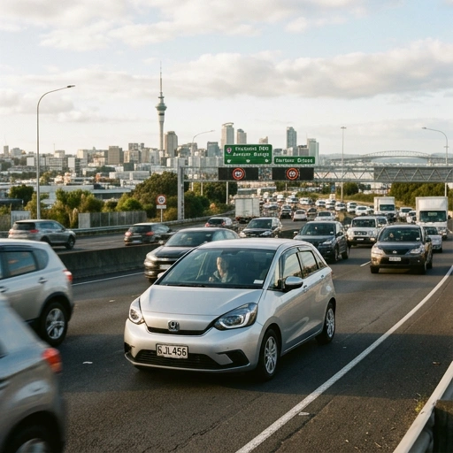 Honda Fit Hybrid parked near Auckland cityscape
