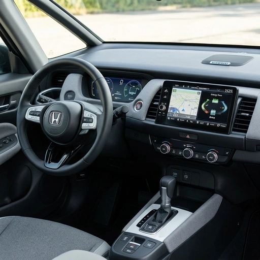 Close-up of Honda Fit Hybrid dashboard with push start button and cruise control