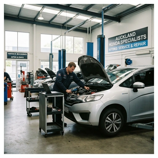 Honda Fit Hybrid undergoing maintenance service at Auckland workshop