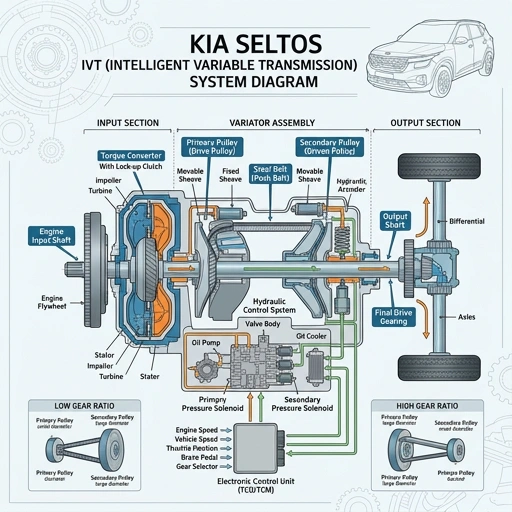 Diagram of Kia Seltos IVT transmission system showing key components