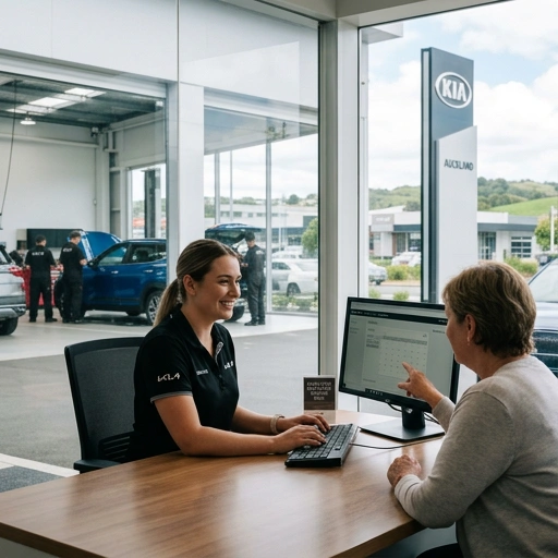 Friendly Kia service staff assisting customer in Auckland workshop