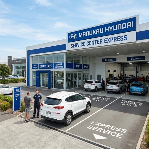 Hyundai Kona and Tucson parked outside Manukau Hyundai service center in Auckland