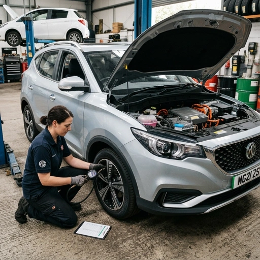 Mechanic checking MG ZS tyre and fluid levels in workshop