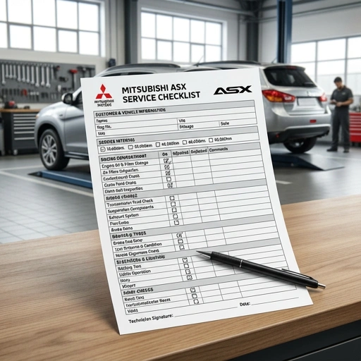 Checklist clipboard with Mitsubishi ASX service tasks in Auckland workshop