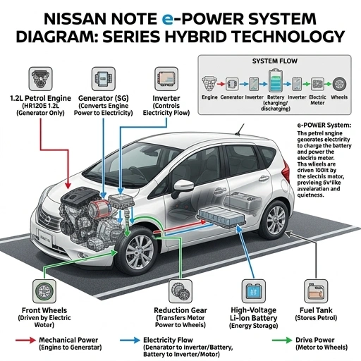 Diagram showing Nissan Note e-Power’s petrol engine generator, battery pack, and electric motor setup
