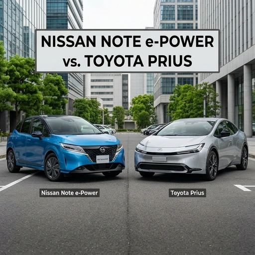 Side-by-side Nissan Note e-Power and Toyota Prius C parked on New Zealand urban street