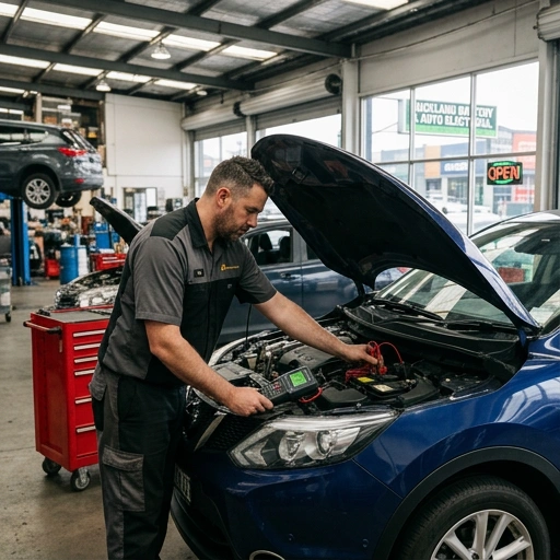 Technician checking Nissan Qashqai hybrid battery system in Auckland workshop