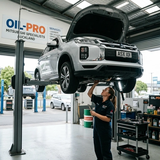 Oil Pro logo with Mitsubishi ASX vehicle in Auckland workshop