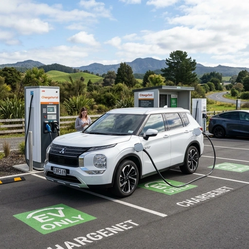 Mitsubishi Outlander PHEV charging at a fast charge station in New Zealand