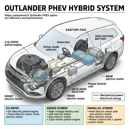 Diagram illustrating Mitsubishi Outlander PHEV hybrid system modes