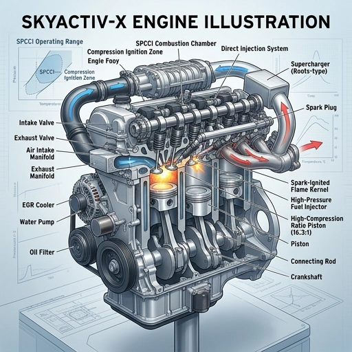 Illustration of SPCCI combustion in SkyActiv-X engine