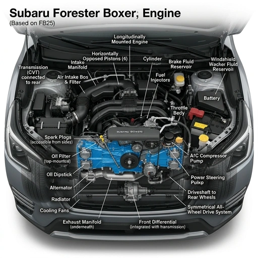 Close-up of Subaru Forester Boxer engine with horizontally opposed cylinders