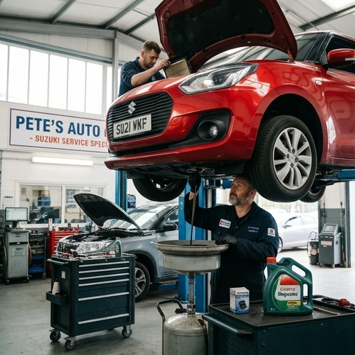 Mechanic performing oil change on Suzuki Swift in workshop
