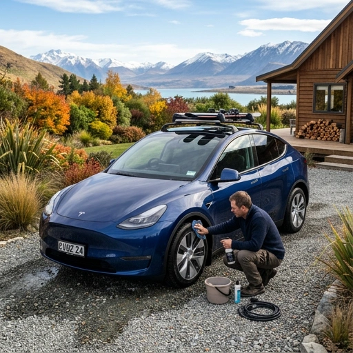Tesla Model Y on New Zealand road with seasonal weather conditions