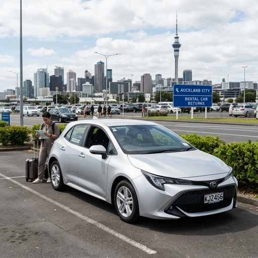 Toyota Corolla hatchback parked outside rental office in Māngere, Auckland