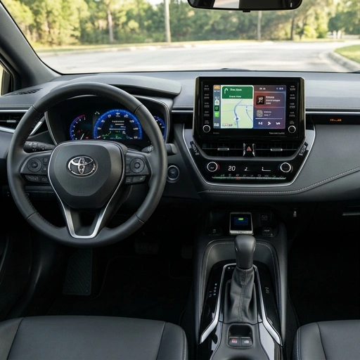 Toyota Corolla hatchback dashboard showing Apple CarPlay and navigation screen