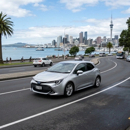 Toyota Corolla hatchback driving through Auckland city streets