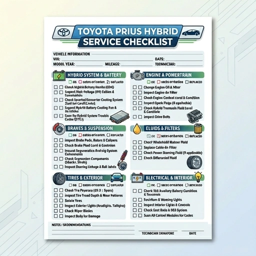 Mechanic performing service checklist on Toyota Prius hybrid vehicle