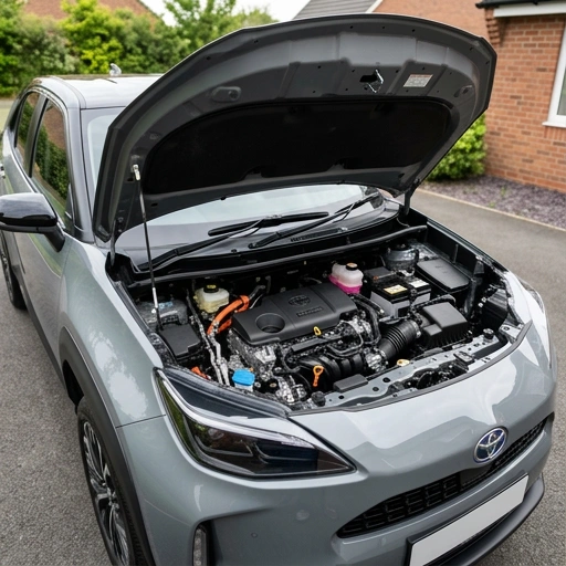 Close-up of Toyota Yaris Cross 3-cylinder hybrid engine components